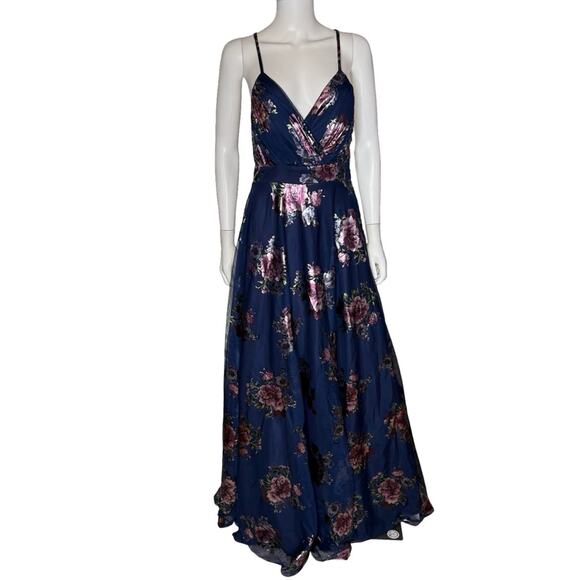 City Studios Juniors' Strappy Floral Metallic Mesh Gown Navy/Purple Sz 7/8 - Picture 2 of 9